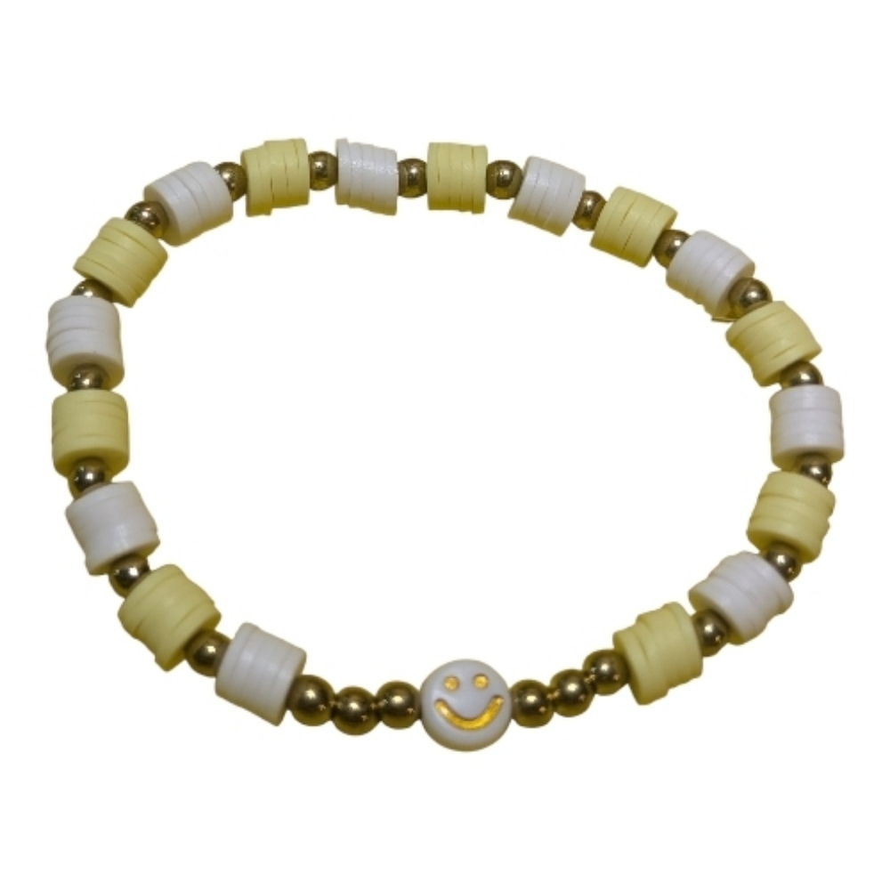 Handmade Beaded Bracelet  NEW O/S Stretchy White Smiley Clay Beads Hand Crafted - Picture 4 of 4